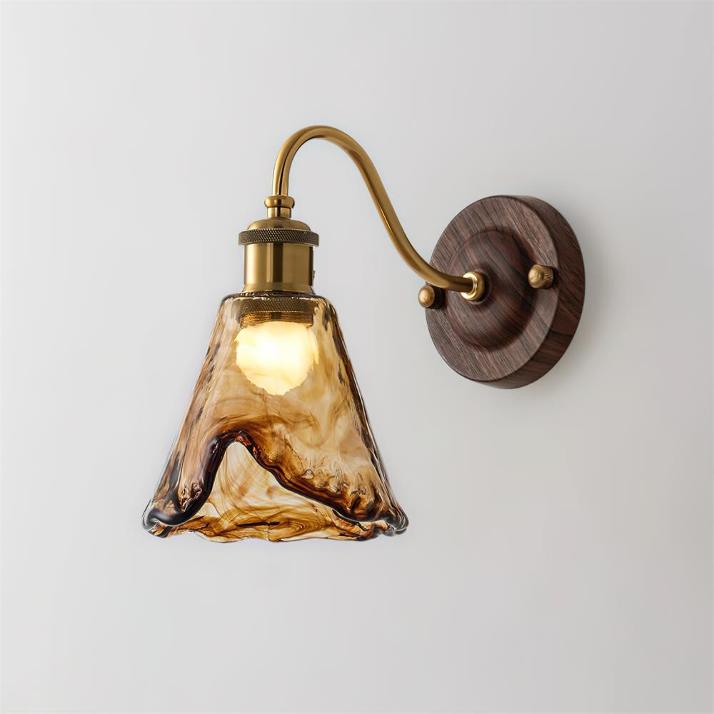 Wall Lamp Amber Glass Shade Walnut Gold Vintage Modern Sconce | ventumra