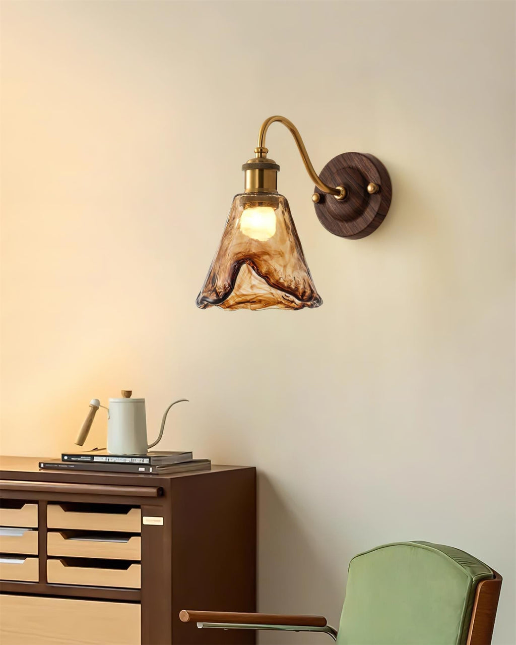Wall Lamp Amber Glass Shade Walnut Gold Vintage Modern Sconce | ventumra