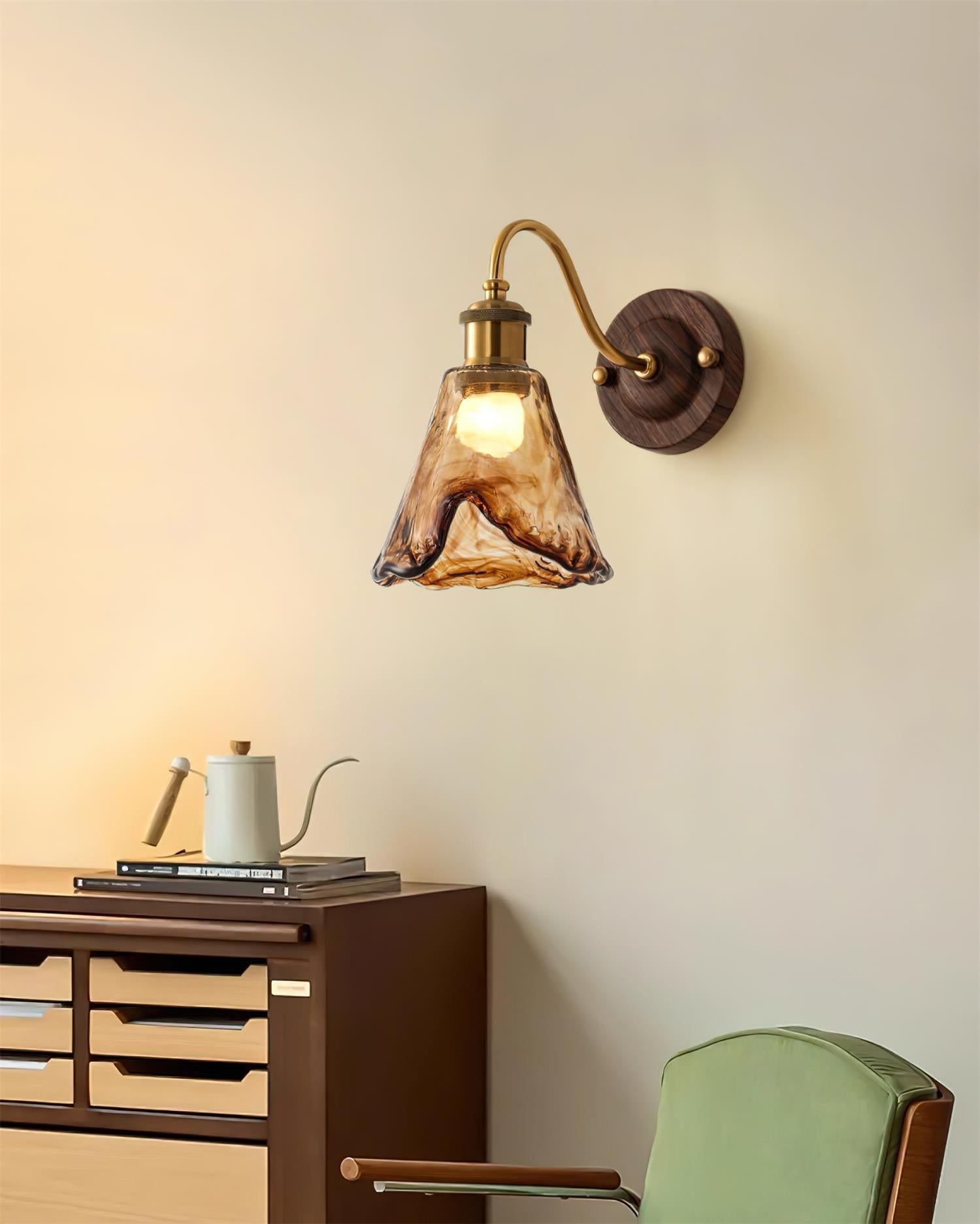 Wall Lamp Amber Glass Shade Walnut Gold Vintage Modern Sconce | ventumra
