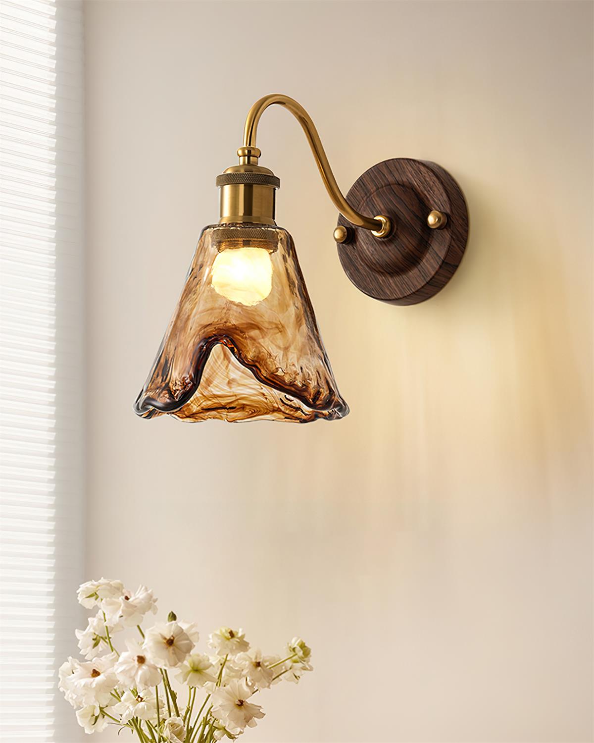 Wall Lamp Amber Glass Shade Walnut Gold Vintage Modern Sconce | ventumra
