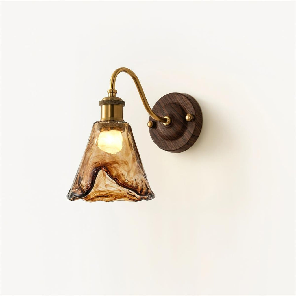 Wall Lamp Amber Glass Shade Walnut Gold Vintage Modern Sconce | ventumra