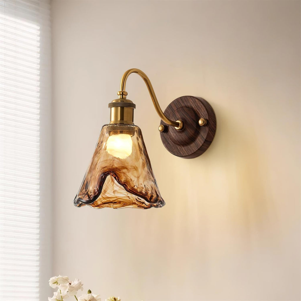 Wall Lamp Amber Glass Shade Walnut Gold Vintage Modern Sconce | ventumra