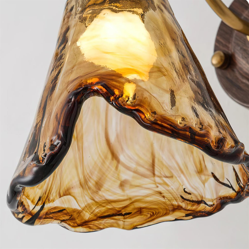 Wall Lamp Amber Glass Shade Walnut Gold Vintage Modern Sconce | ventumra