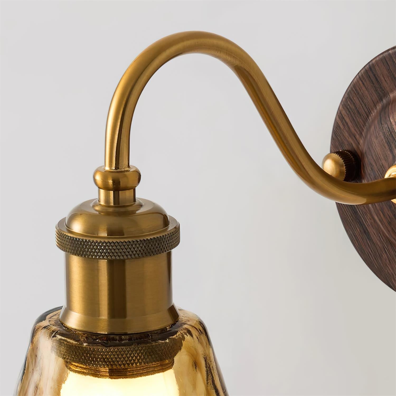 Wall Lamp Amber Glass Shade Walnut Gold Vintage Modern Sconce | ventumra