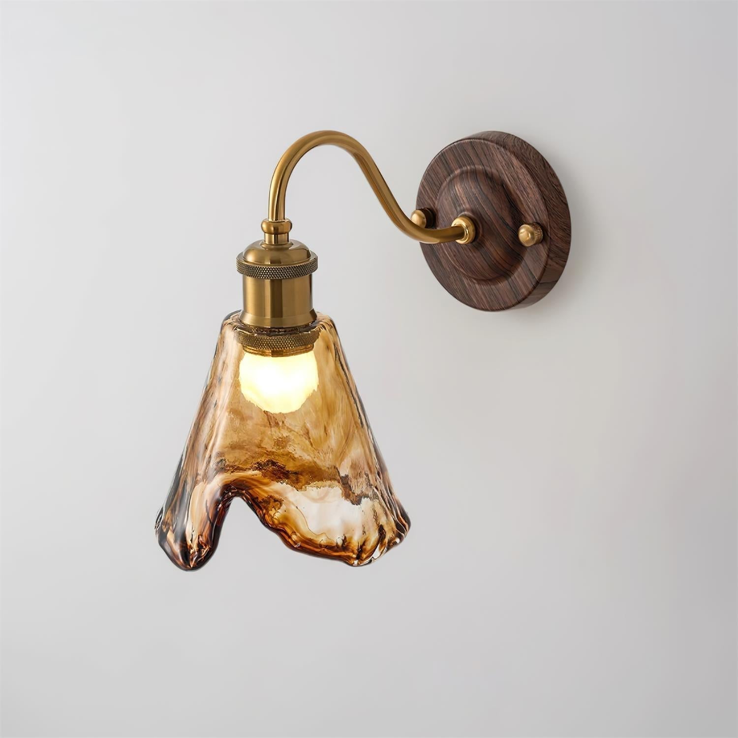Wall Lamp Amber Glass Shade Walnut Gold Vintage Modern Sconce | ventumra