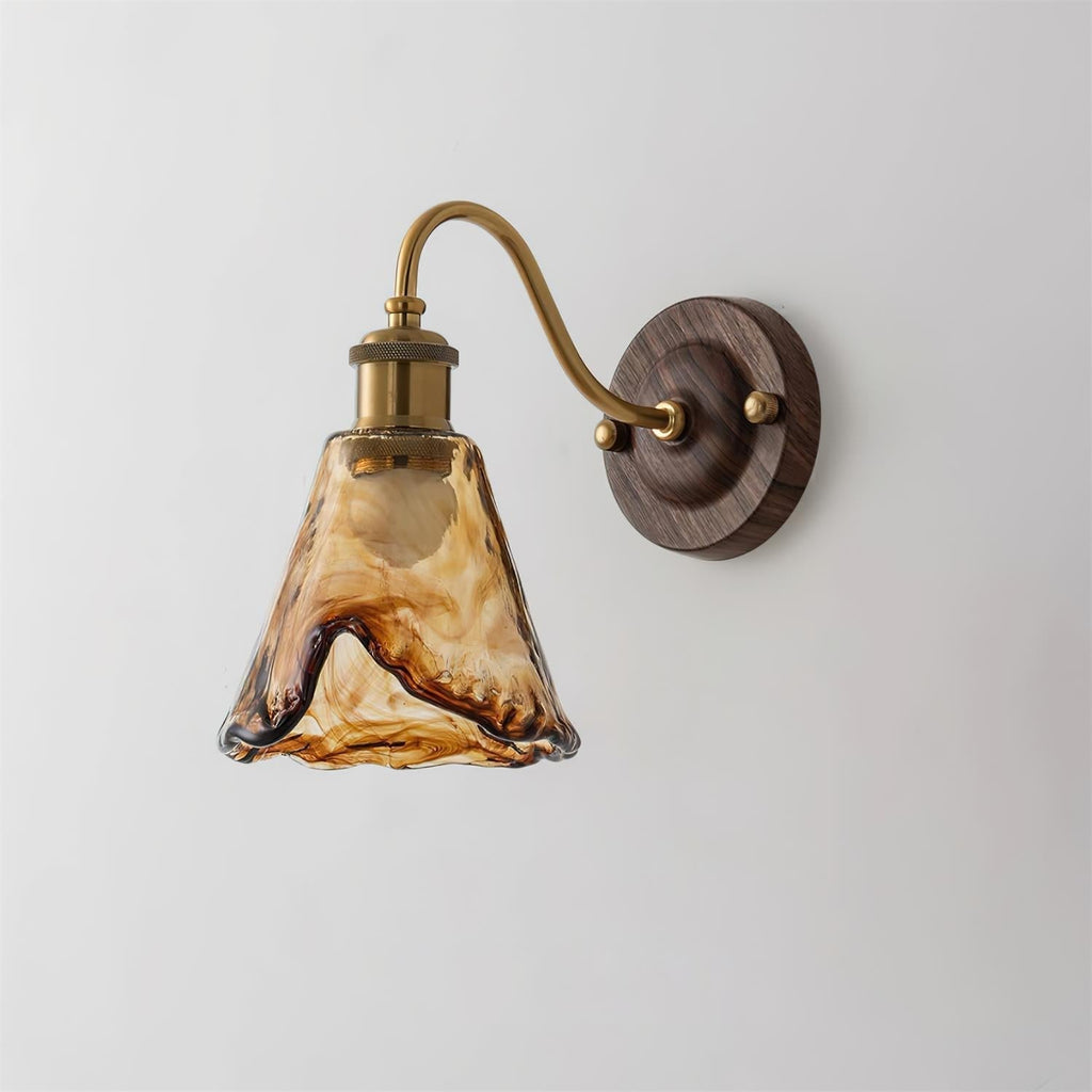 Wall Lamp Amber Glass Shade Walnut Gold Vintage Modern Sconce | ventumra