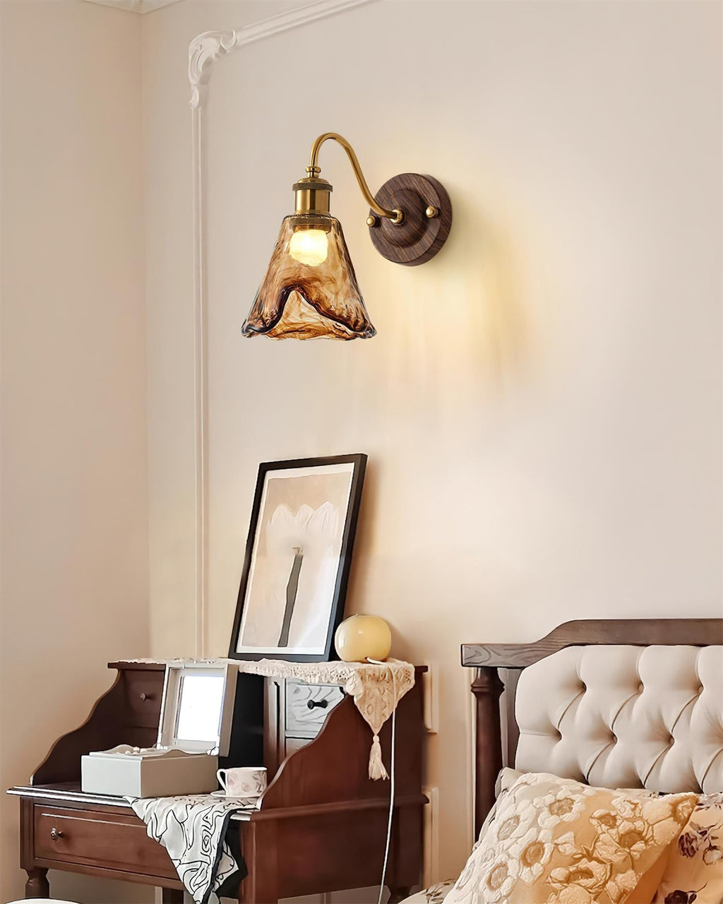 Wall Lamp Amber Glass Shade Walnut Gold Vintage Modern Sconce | ventumra