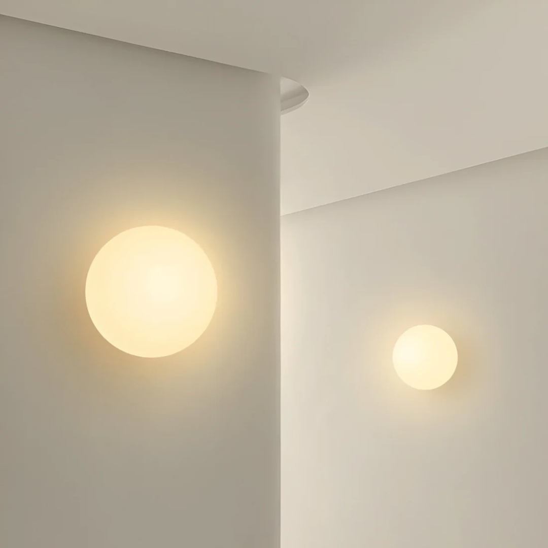 Aurelia vägglampa i glas — minimalistisk design, slät sfärisk lampskärm