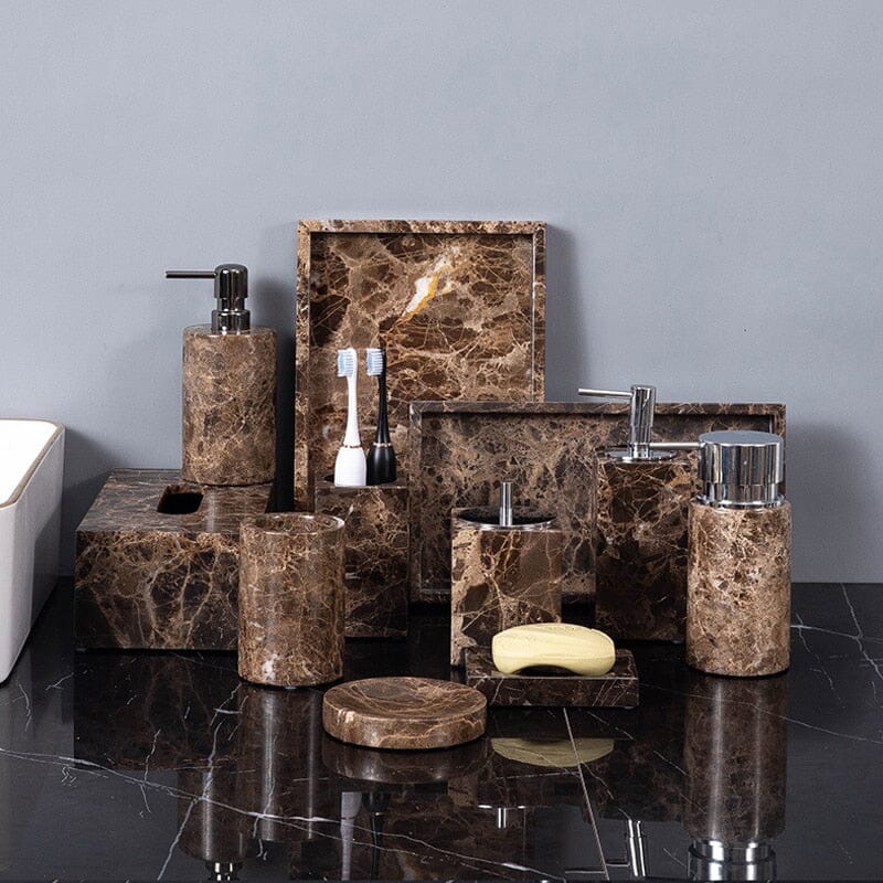 Aurea Bath Essentials — Coordinated Accessory Set, Hand-Finished Dark Marble Accents