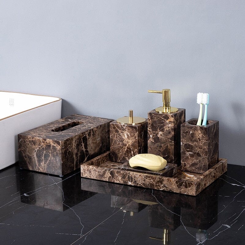 Aurea Bath Essentials — Coordinated Accessory Set, Hand-Finished Dark Marble Accents