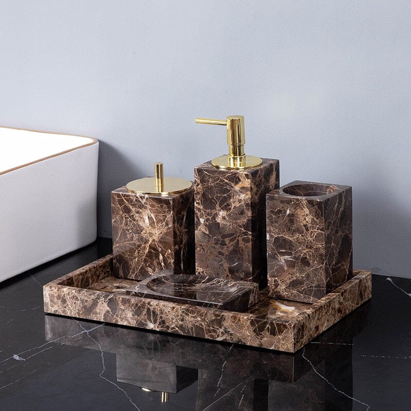 Aurea Bath Essentials — Coordinated Accessory Set, Hand-Finished Dark Marble Accents