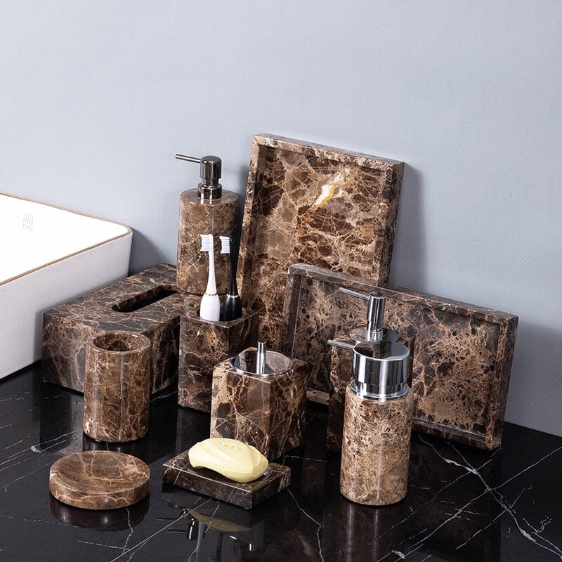 Aurea Bath Essentials — Coordinated Accessory Set, Hand-Finished Dark Marble Accents