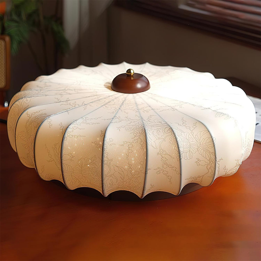 Ceiling Lamp Fabric Shade Pleated Lotus Shape Wooden Canopy | ventumra