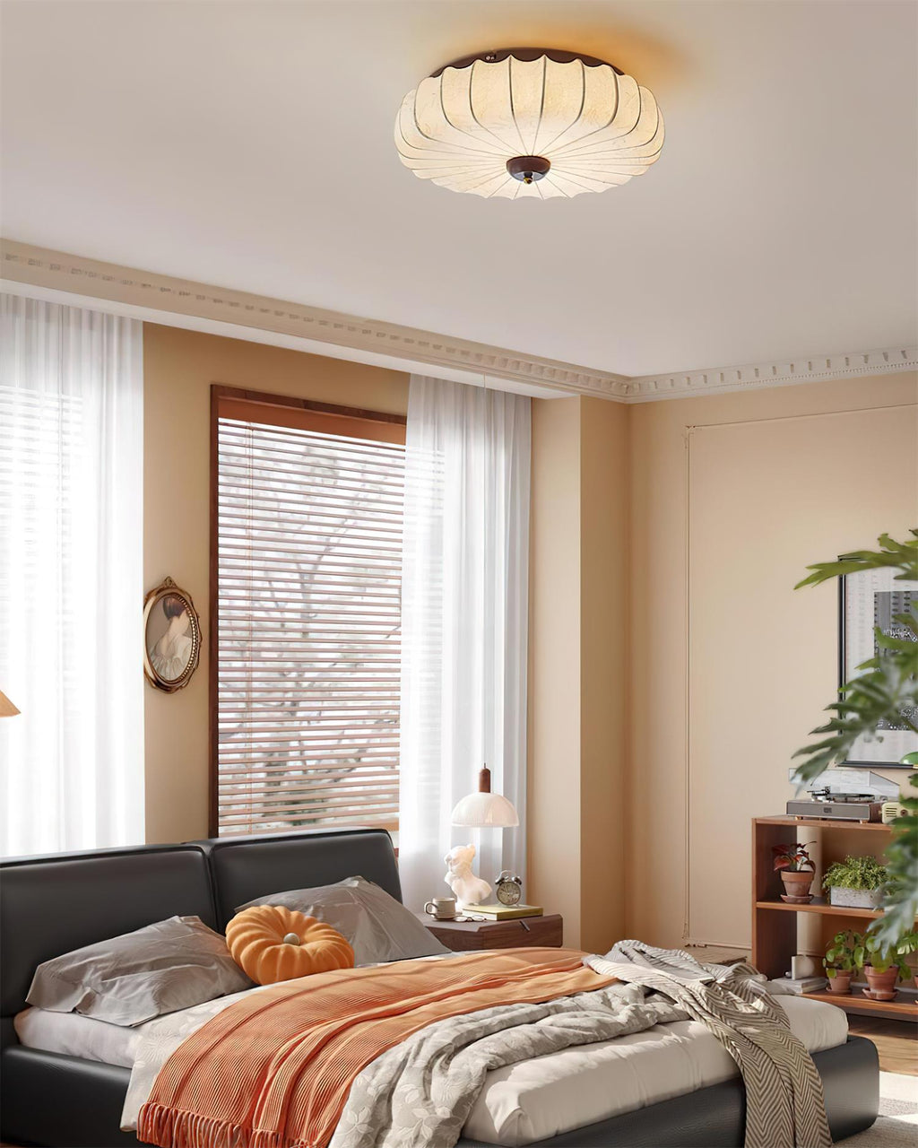 Ceiling Lamp Fabric Shade Pleated Lotus Shape Wooden Canopy | ventumra
