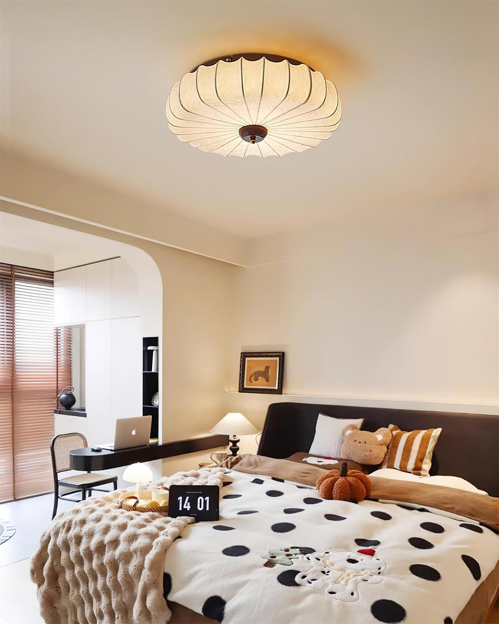 Ceiling Lamp Fabric Shade Pleated Lotus Shape Wooden Canopy | ventumra