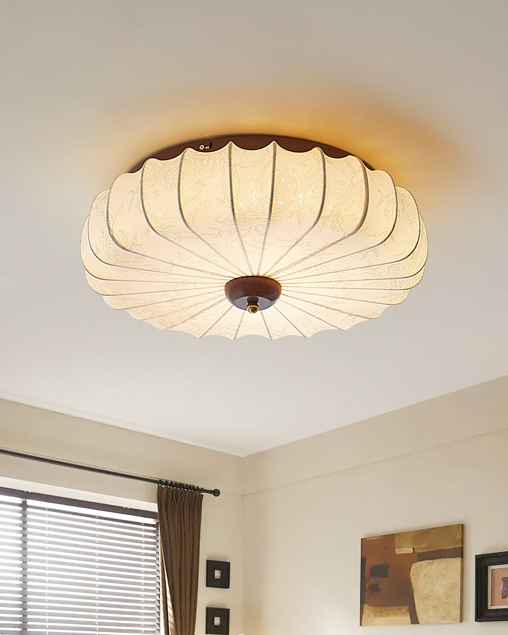 Ceiling Lamp Fabric Shade Pleated Lotus Shape Wooden Canopy | ventumra