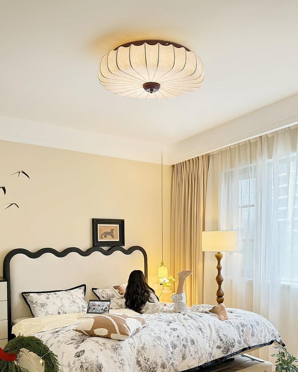 Ceiling Lamp Fabric Shade Pleated Lotus Shape Wooden Canopy | ventumra