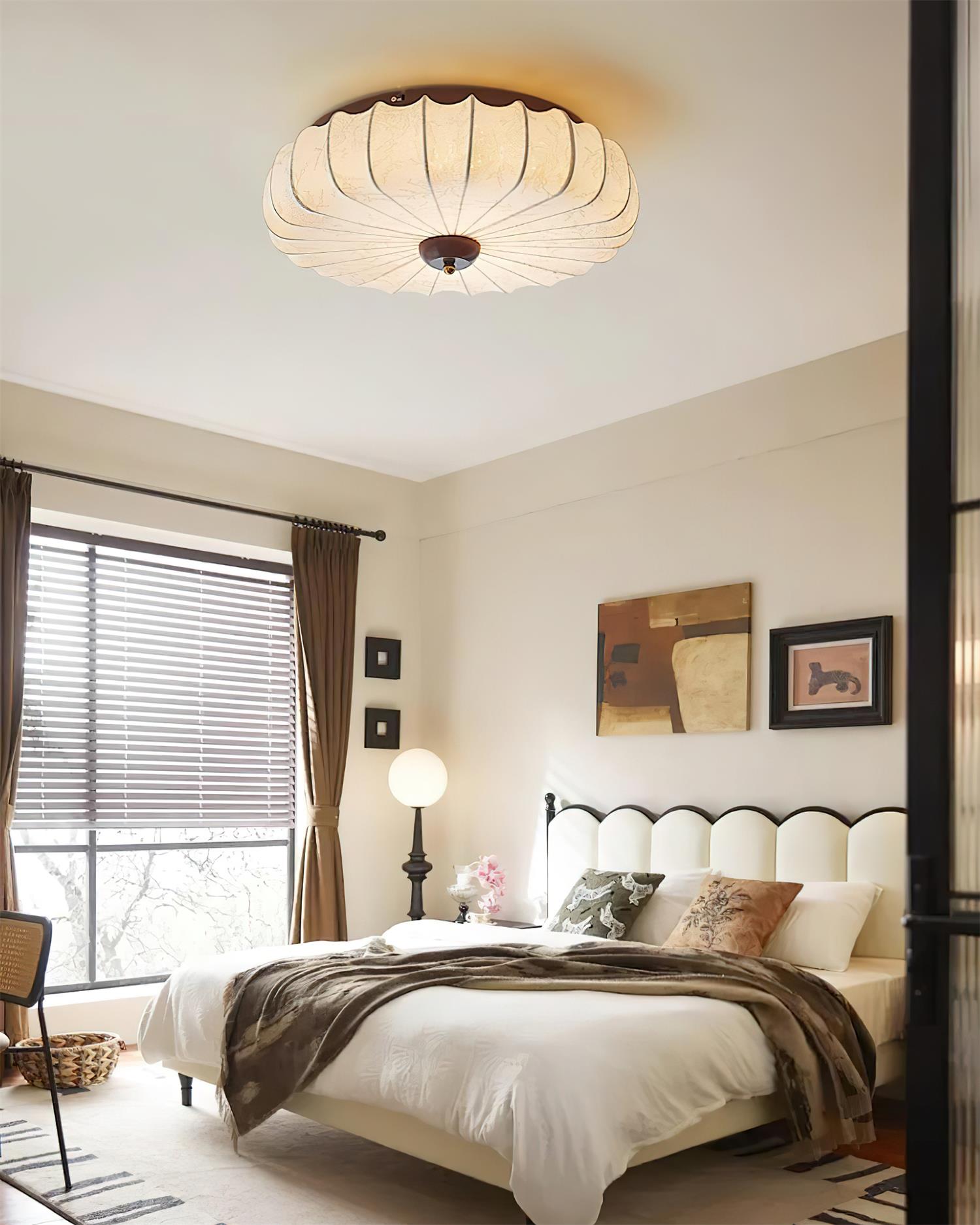 Ceiling Lamp Fabric Shade Pleated Lotus Shape Wooden Canopy | ventumra