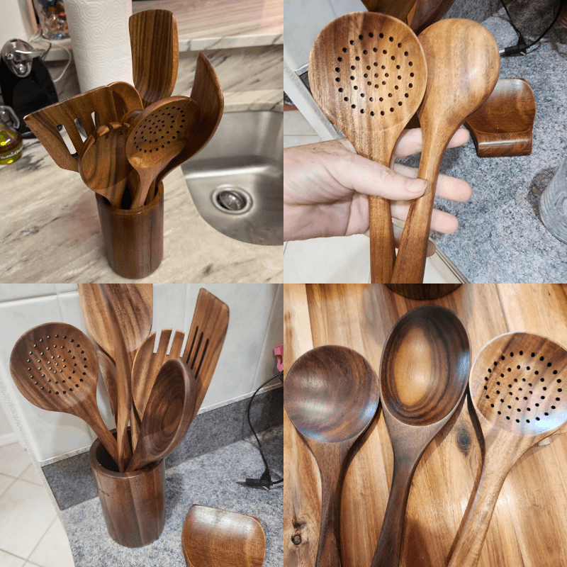 Set de ustensile de bucătărie din lemn sustenabil EverLeaf — Finisaj neted, sigur pentru vasele de gătit