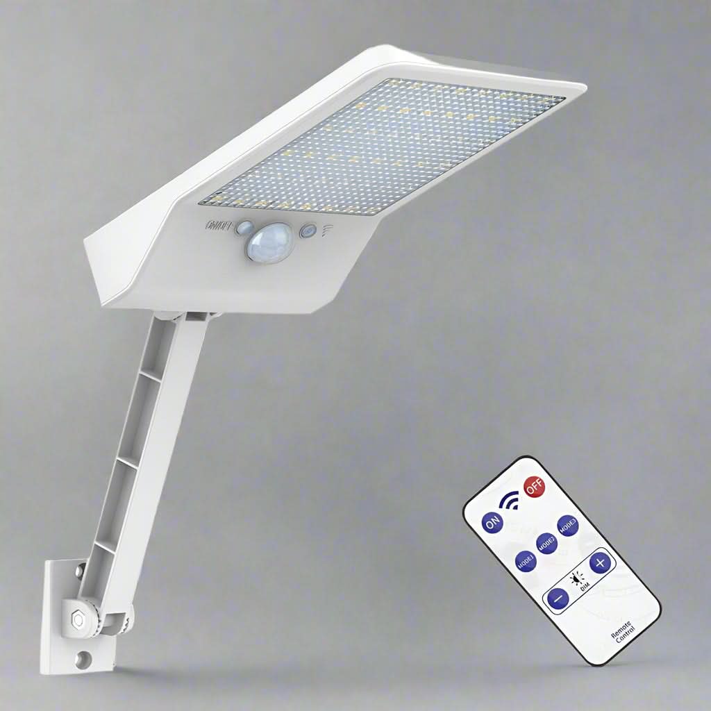 Faretto LED solare NovaGlow — Luce di sicurezza per esterni, sensore di movimento, telecomando