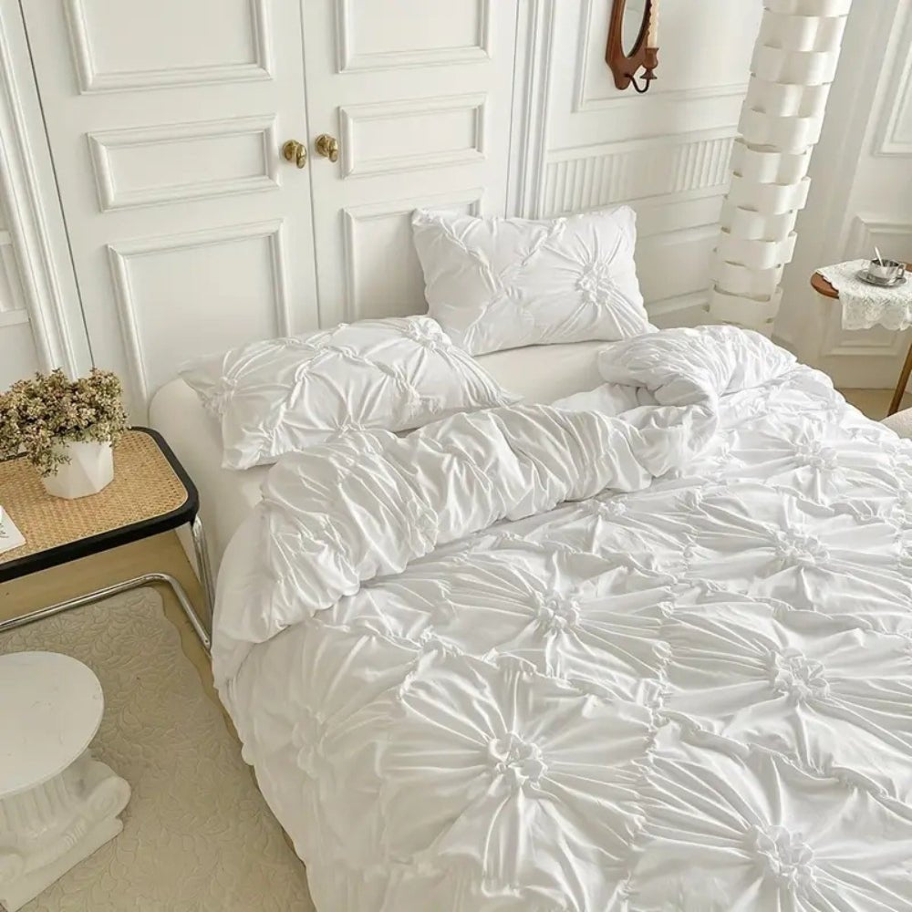 LuxeBloom Set di copripiumino elegante con volant — Biancheria da letto con motivo floreale
