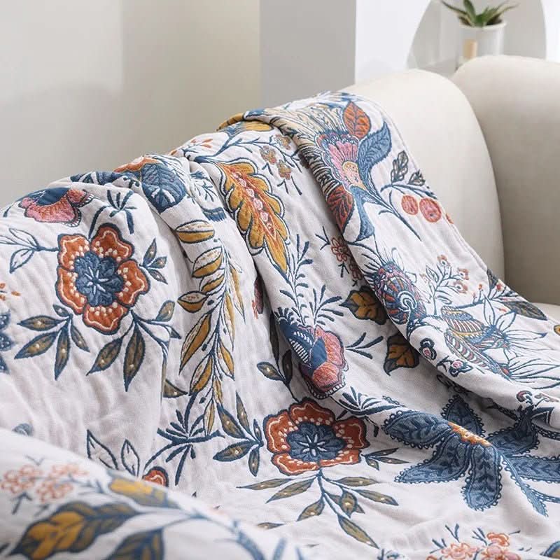 Manta reversible de algodón Verdant — Diseño floral rústico de doble cara