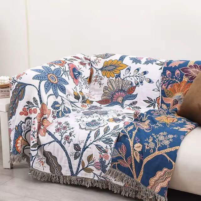 Manta reversible de algodón Verdant — Diseño floral rústico de doble cara