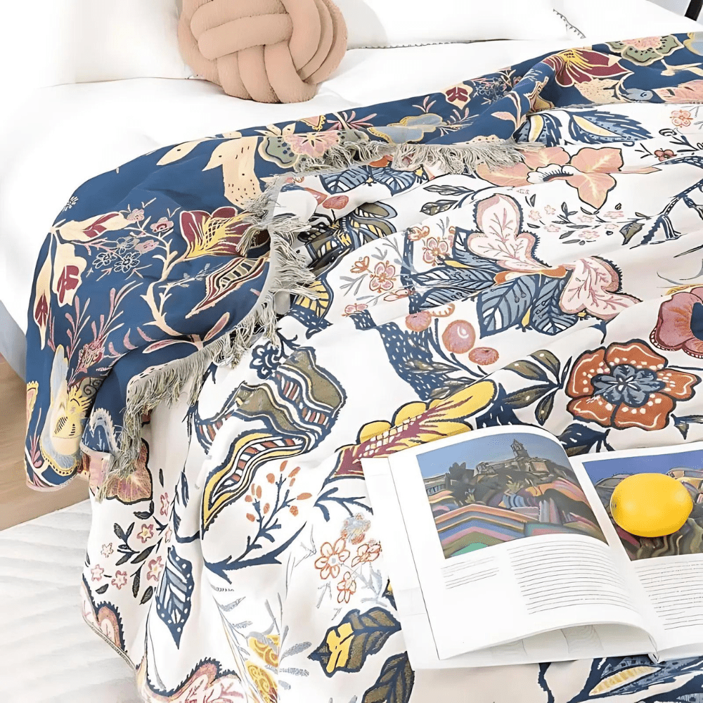 Manta reversible de algodón Verdant — Diseño floral rústico de doble cara