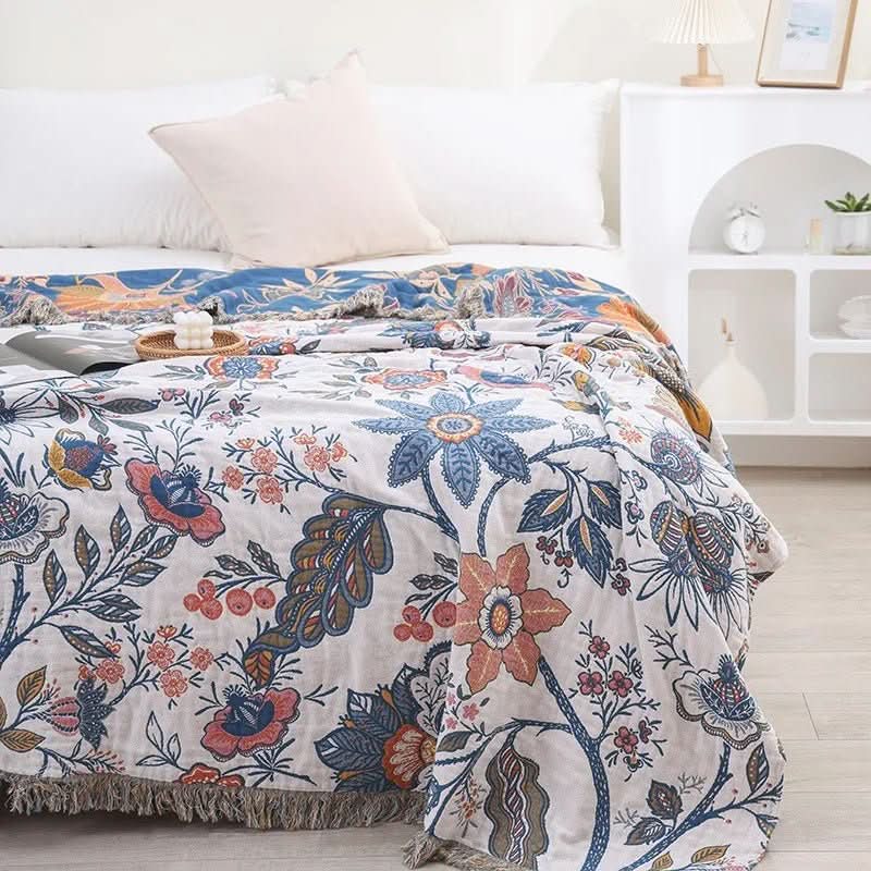 Manta reversible de algodón Verdant — Diseño floral rústico de doble cara