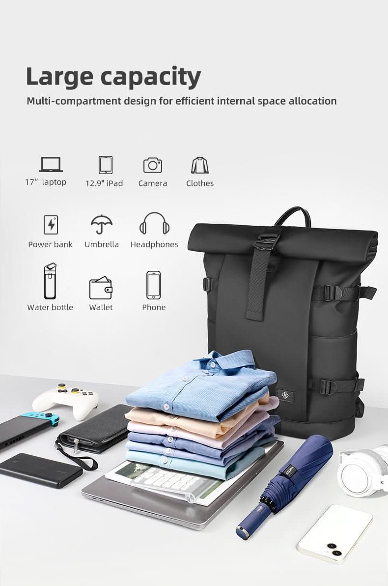 TrailNova Expandable Outdoor Backpack — Laptop Compartment, Roll-Top Closure, Large Capacity