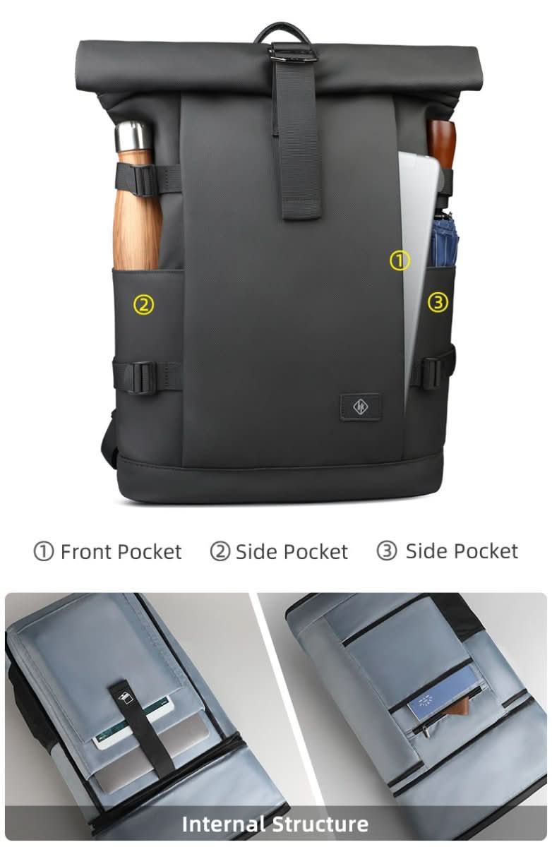 TrailNova Expandable Outdoor Backpack — Laptop Compartment, Roll-Top Closure, Large Capacity