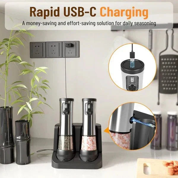 GrindSmart Salt and Pepper Grinder Set — Rechargeable, Adjustable Grind Settings