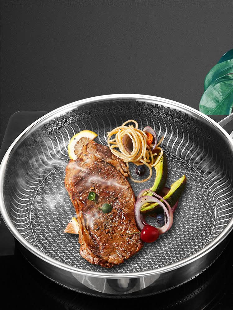 NovaCore Durable Stainless Steel Frying Pan — Honeycomb Base, Open Handle