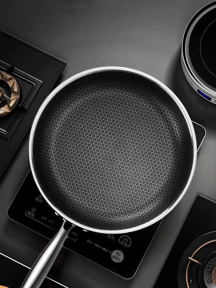 NovaCore Durable Stainless Steel Frying Pan — Honeycomb Base, Open Handle