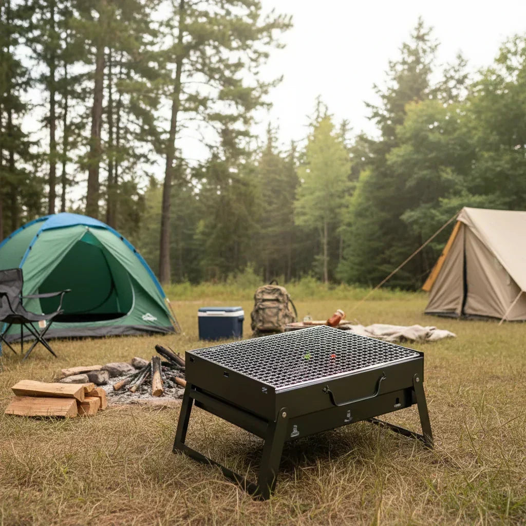 TrailBlaze-kulgrill i rustfrit stål — kompakt sammenklappeligt design