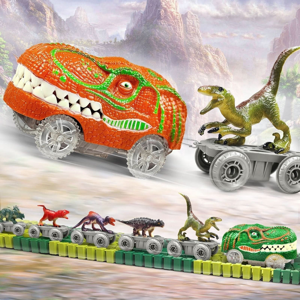 Jurassic-Track-Abenteuer-Interaktives-Dinosaurier-Zugset — Modulare Gleisstücke, schiebebetriebene Lokomotiven, ab 3 Jahren