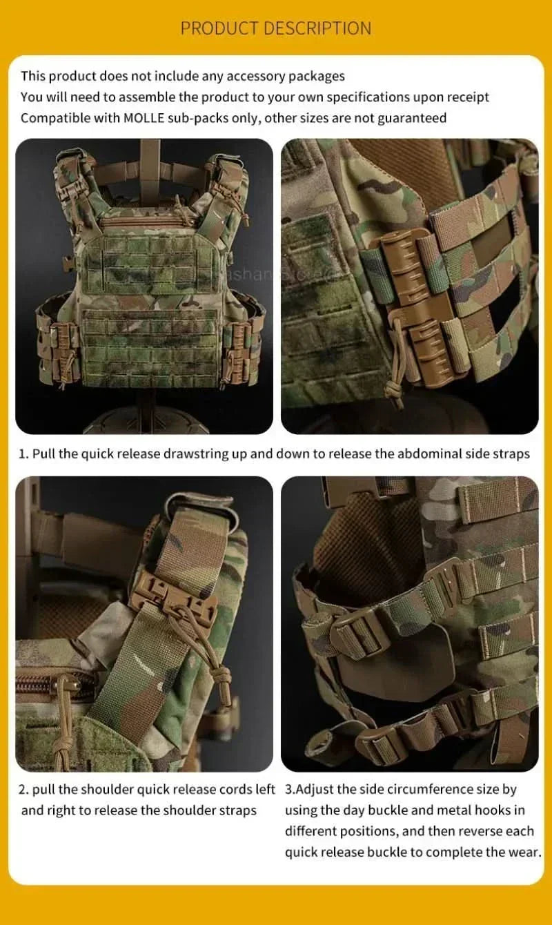 Chaleco portaplacas modular Vanguard Armor — MOLLE cortado con láser, arnés de liberación rápida