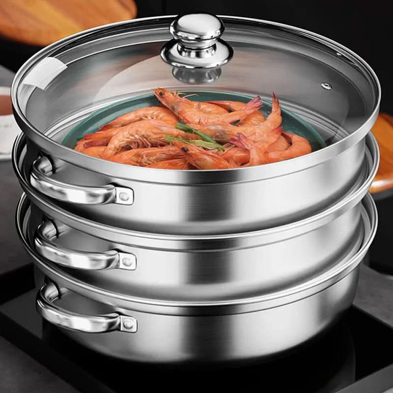 AeroSteam 3-Tier Stainless Steel Steam Pot — Reinforced Glass Lid