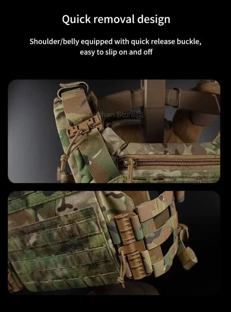 Chaleco portaplacas modular Vanguard Armor — MOLLE cortado con láser, arnés de liberación rápida