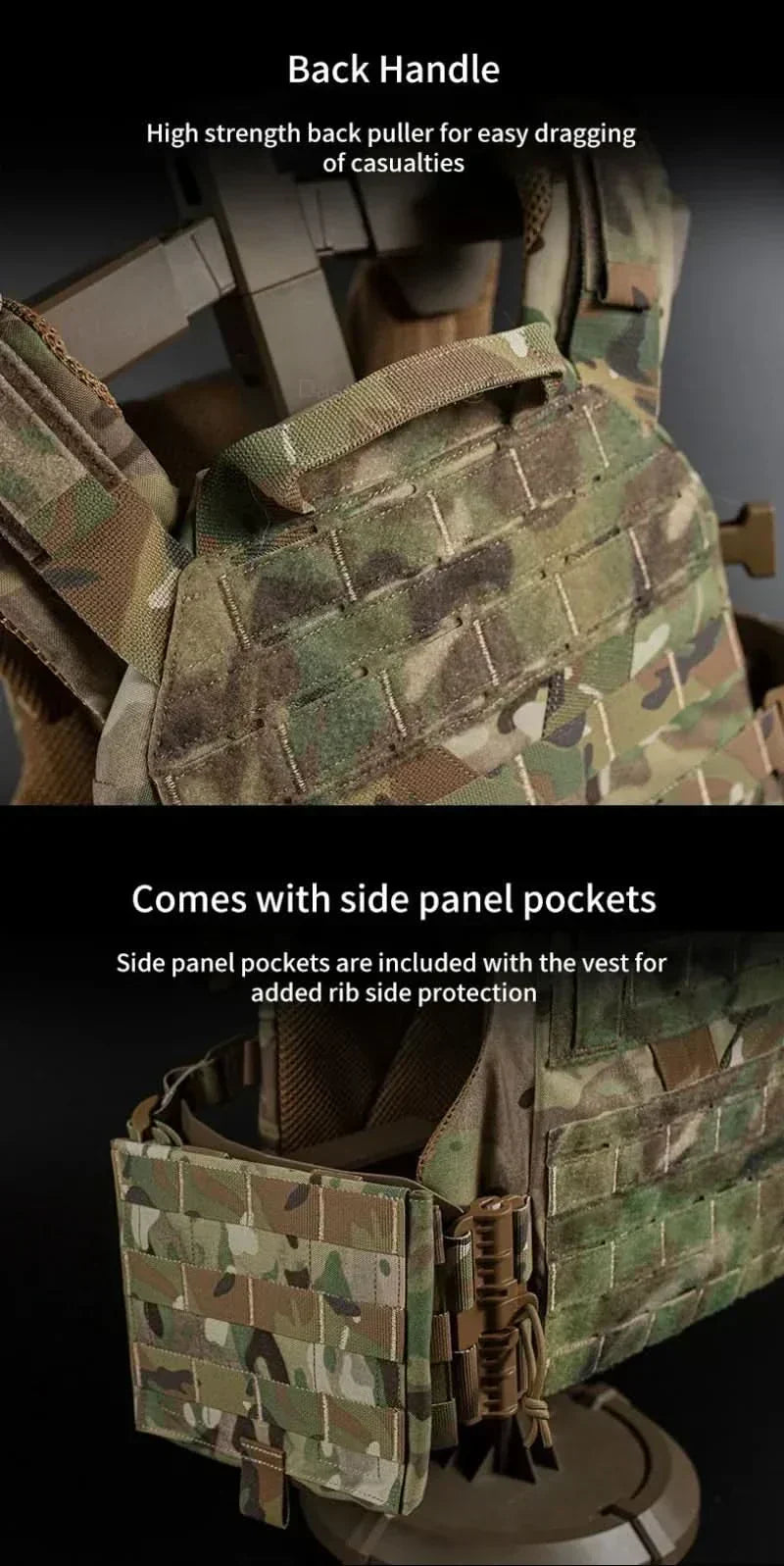 Chaleco portaplacas modular Vanguard Armor — MOLLE cortado con láser, arnés de liberación rápida