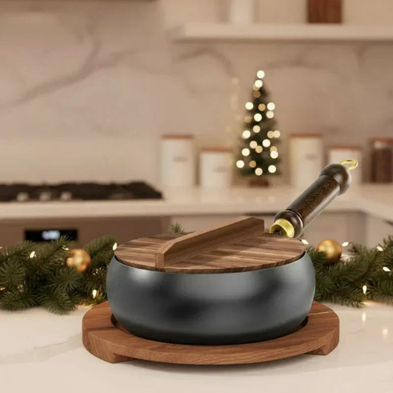 مقلاة ForgeRoot من الحديد الزهر المطروقة يدويًا — مقبض خشبي، وغطاء اختياري، 24/28 cm
