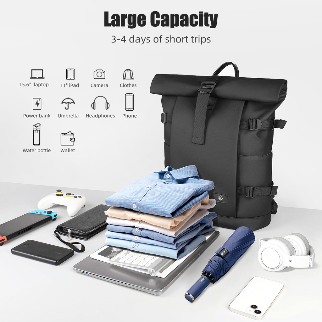 TrailNova Expandable Outdoor Backpack — Laptop Compartment, Roll-Top Closure, Large Capacity