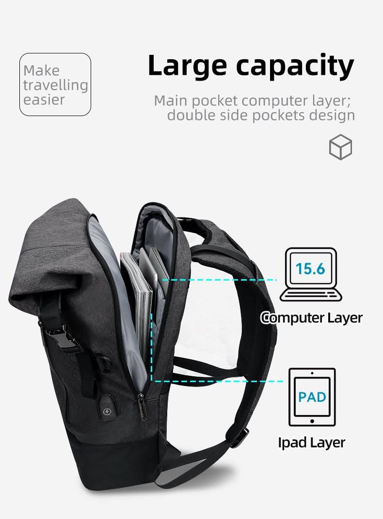 CityTrail Rolltop Backpack — 20 to 35 L Capacity, USB Port