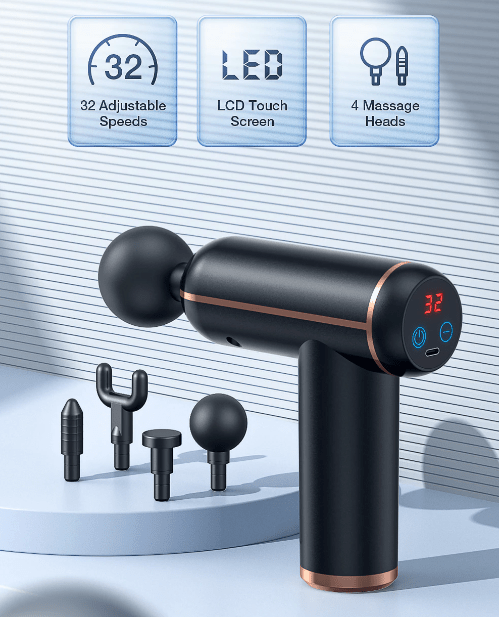 Massaggiatore a percussione PulseFlex Pro — Quattro testine per massaggio, ricaricabile, design compatto