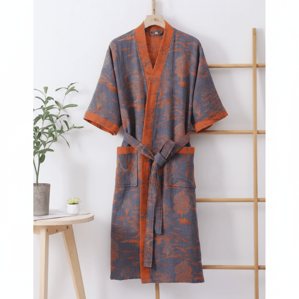Dwustronny szlafrok kimono z bawełny organicznej KomiLeaf — swobodne szerokie rękawy