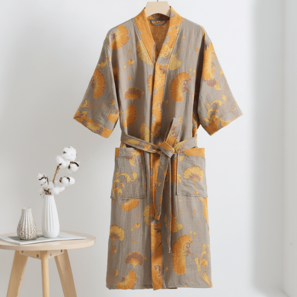 Dwustronny szlafrok kimono z bawełny organicznej KomiLeaf — swobodne szerokie rękawy