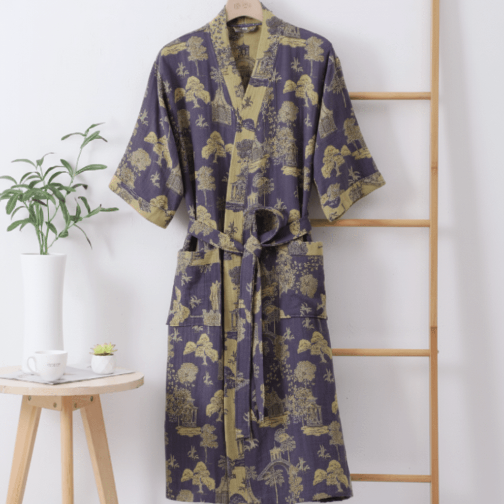 Dwustronny szlafrok kimono z bawełny organicznej KomiLeaf — swobodne szerokie rękawy