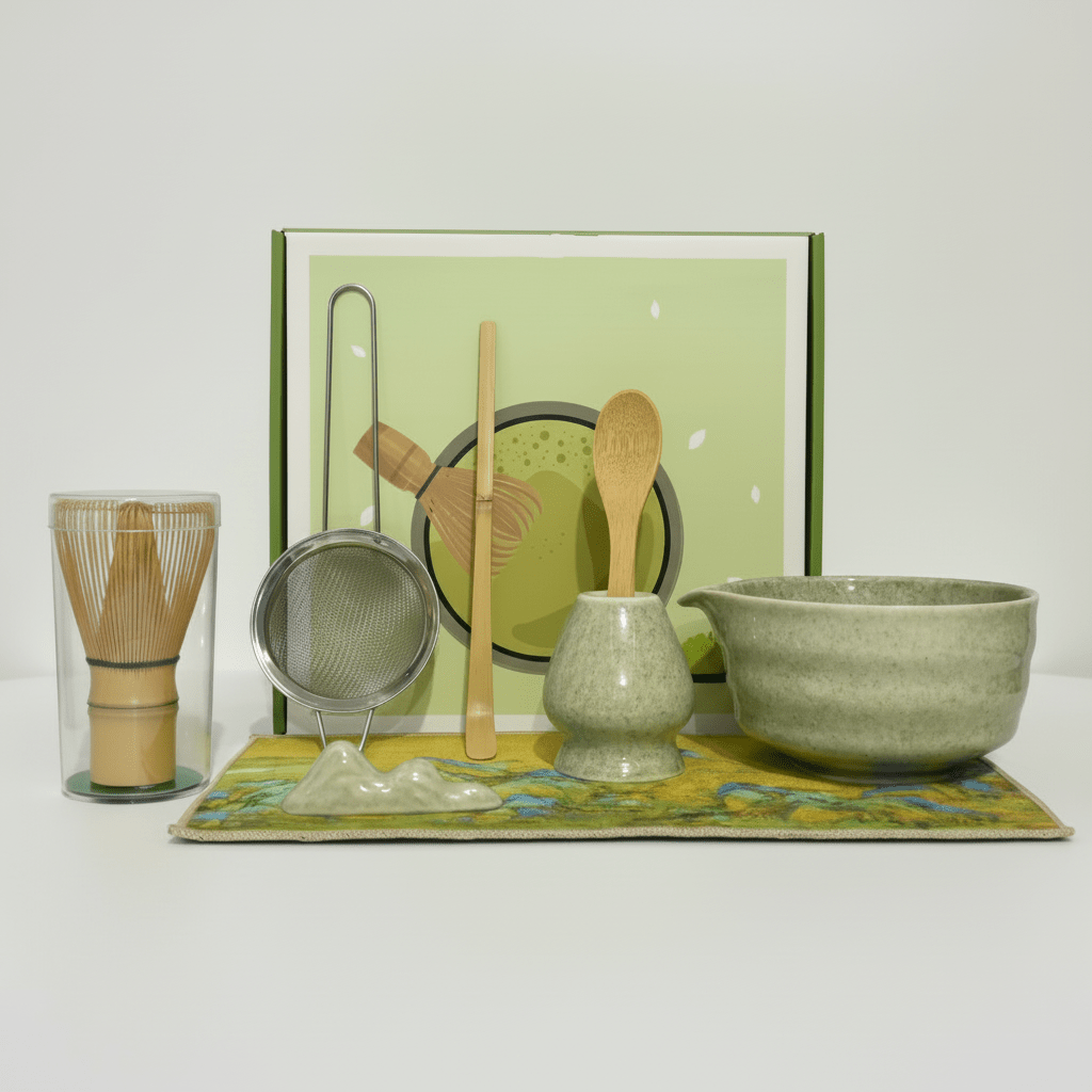AuroraLeaf Authentic Matcha Tea Set — Cherry Blossom Bowl, Bamboo Whisk, 8-Piece Set
