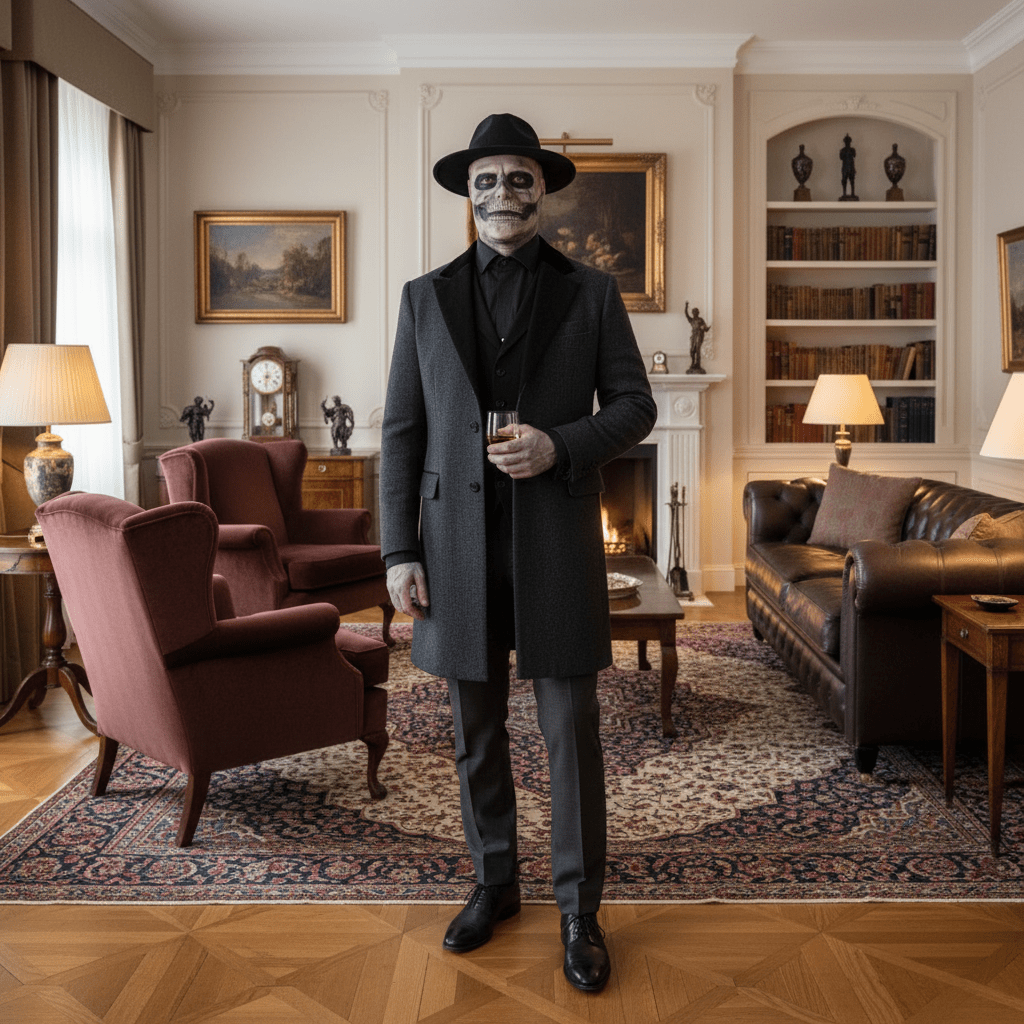 GraveShade Realistische Skelettmaske mit Hut – Detaillierte Prothesenmaske für das gesamte Gesicht