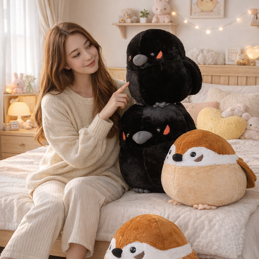Round Chonky Sparrow Raven Crow Bird Plushies | ventumra